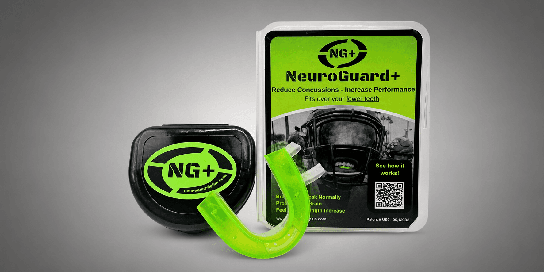 NeuroGuard+ mouthguard with packaging, designed to reduce concussions and enhance performance
