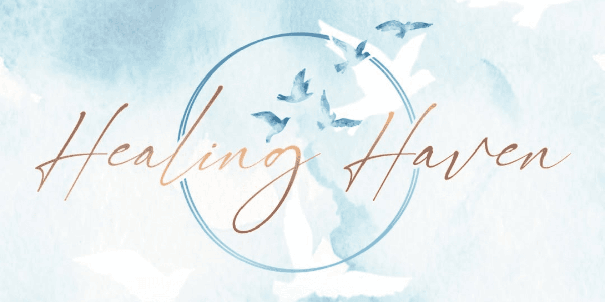 Text logo "Healing Haven" with watercolor background and flying birds design