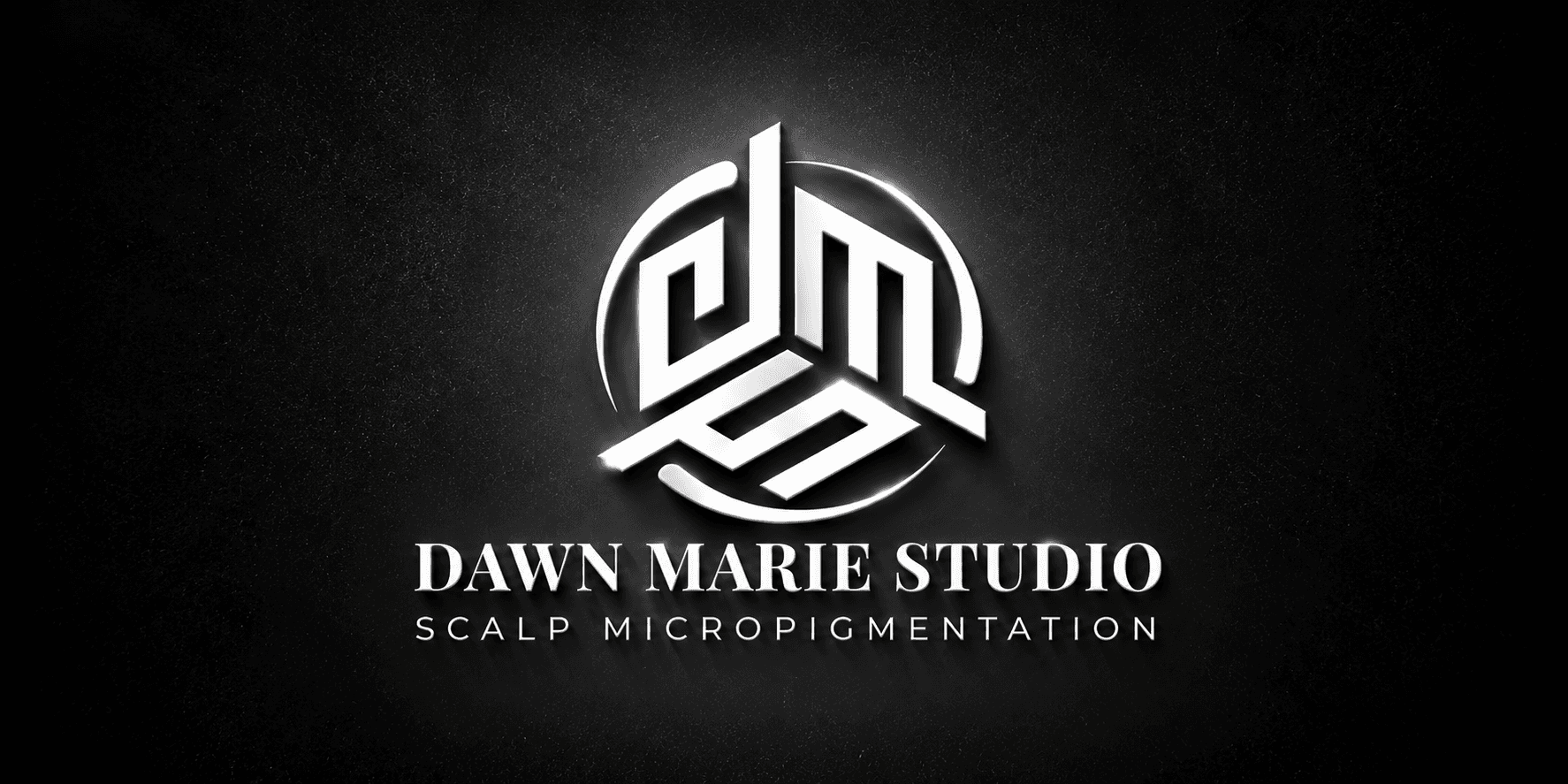 Logo for Dawn Marie Studio featuring stylized letters and tagline about scalp micropigmentation