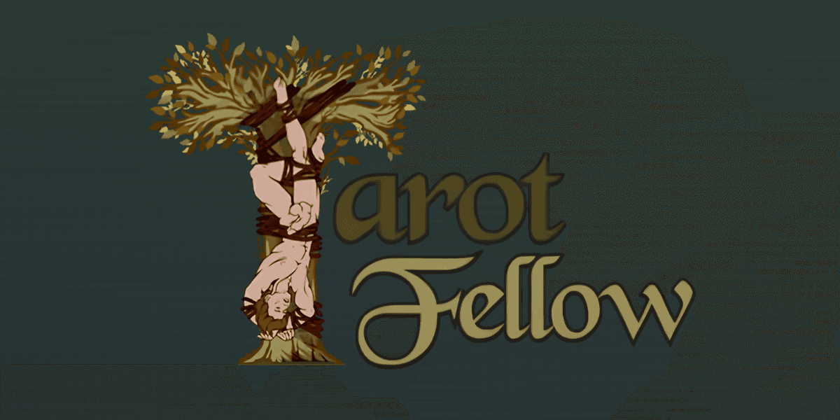 Illustration of a man hanging upside down from a tree with the text Tarot Fellow
