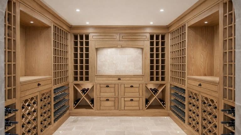 Custom private wine cellar with oak cabinetry, bottle racks, stone flooring, and integrated lighting.