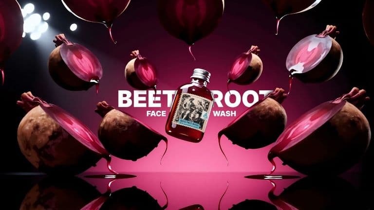 A bottle of AGYU Beetroot Face Wash surrounded by floating beetroots, emphasizing its natural, antioxidant-rich skincare benefits.