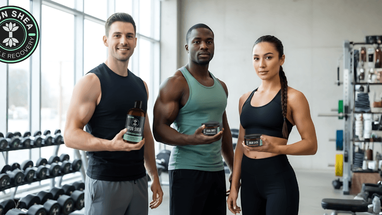 Three athletes stand together in a gym, proudly holding Iron Shea Muscle Recovery products to support their recovery journey.