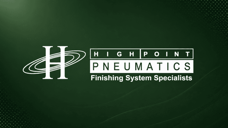 High Point Pneumatics logo in white on a dark green gradient background with “Finishing System Specialists” tagline.