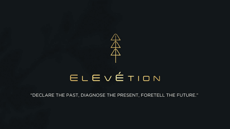 Elevétion logo with golden text and tagline about declaring the past, diagnosing the present, and foretelling the future.