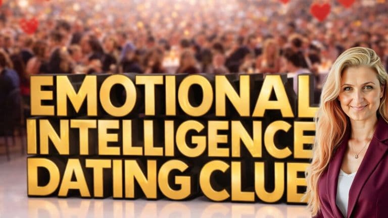 A woman in a suit and tie stands by a sign for the Emotional Intelligence Dating Club, promoting self-awareness in relationships.
