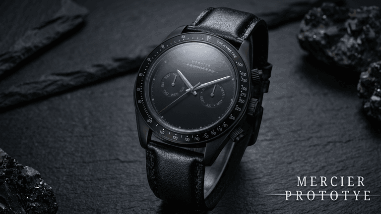 Mercier Prototype Manx luxury watch with black leather strap and matte black dial on dark stone surface.
