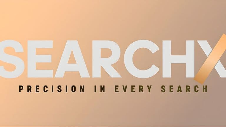 Text "SEARCHX" in bold, white letters on a gradient background. Orange diagonal stripe across the "X". Below, in smaller font: "Precision in Every Search".
