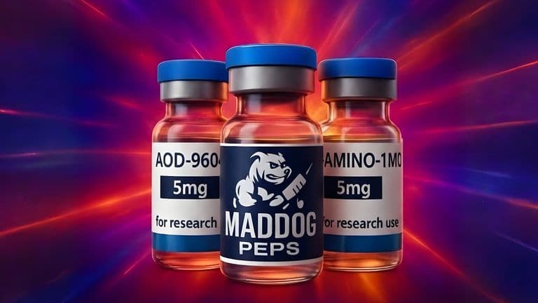 Three MADDOG Peps peptide bottles with clear labels, emphasizing research use, set against a vibrant, colorful background."