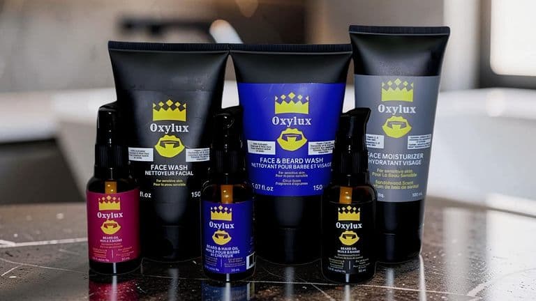 Collection of Oxylux grooming products including face wash, beard oil, moisturizer, and beard wash on countertop.