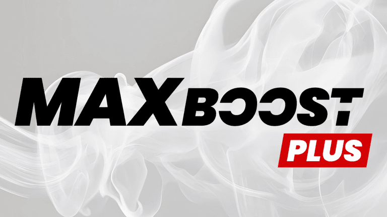 Max Boost Plus logo with bold text and smoke background, representing a male wellness supplement promoting health and confidence.