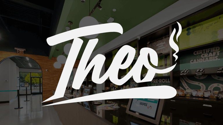 The logo for "Theo" superimposed over a modern cannabis store interior featuring shelves with products and a green color scheme.