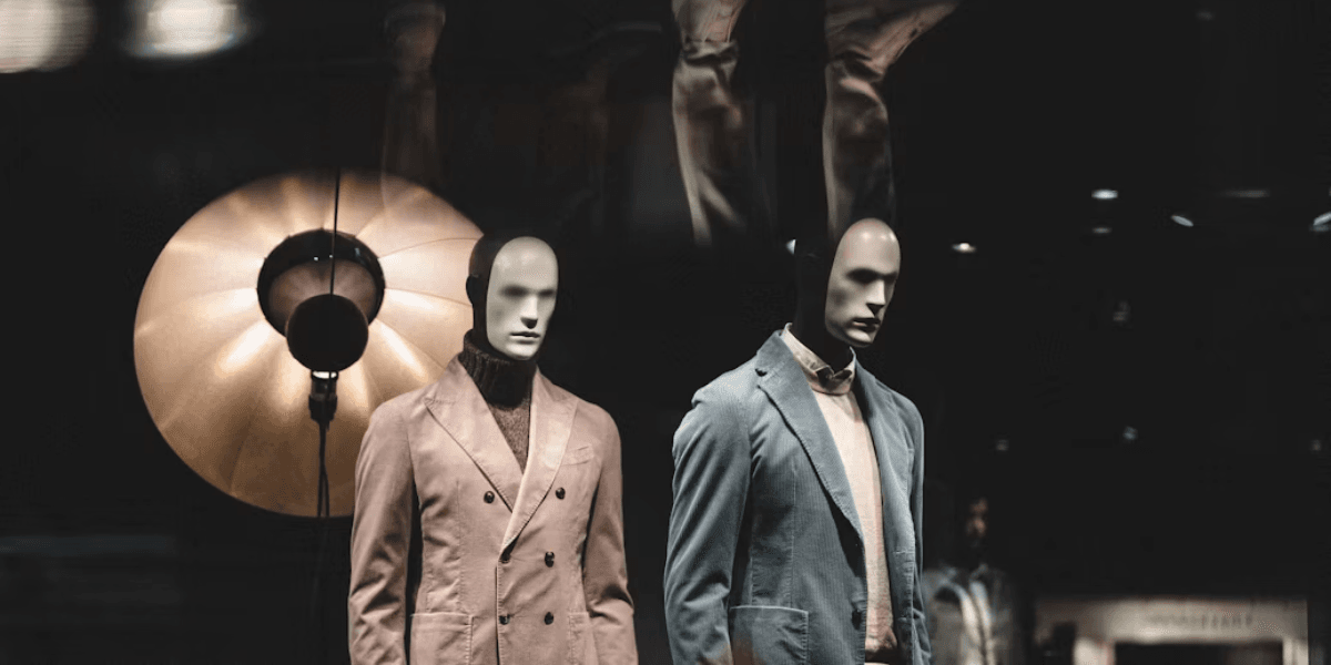 Mannequins wearing modern tailored menswear in a retail fashion display window.