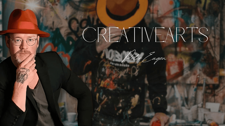 Peter Eugen in a red hat with graffiti background, promoting his CreativeArts brand and artistic journey from obscurity.