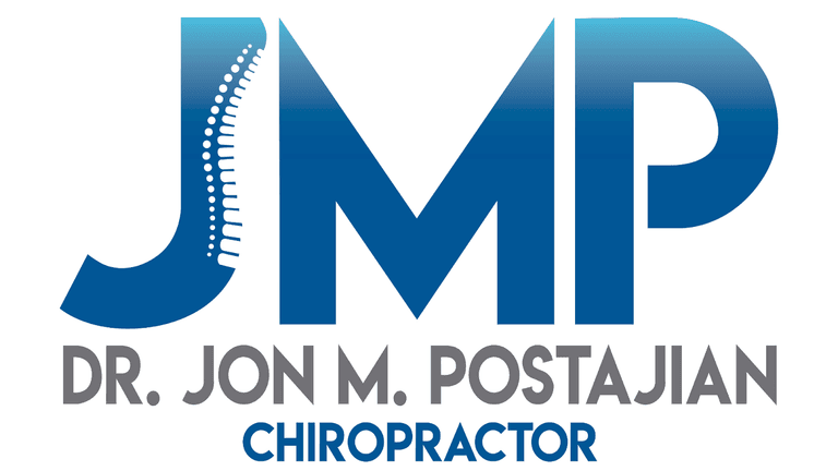 Logo of Dr. Jon M. Postajian Chiropractic featuring the initials 'JMP' with a spine illustration, designed in blue and gray tones, representing chiropractic care and spinal health services