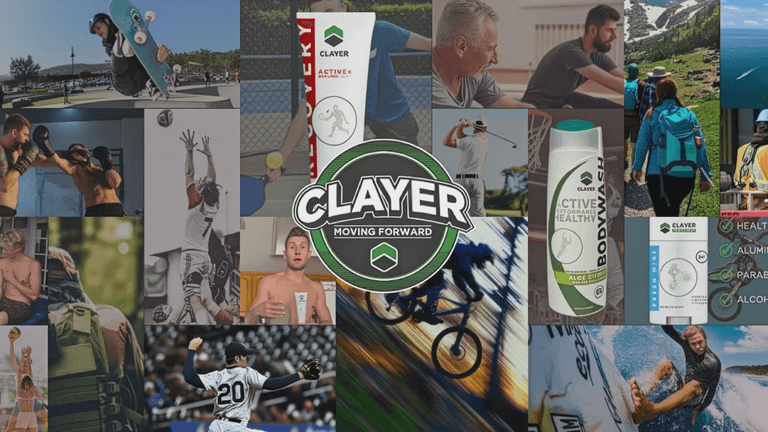 "Collage of active individuals using Clayer products in various outdoor and athletic environments, with a focus on healthy, aluminum-free, and paraben-free wellness products."