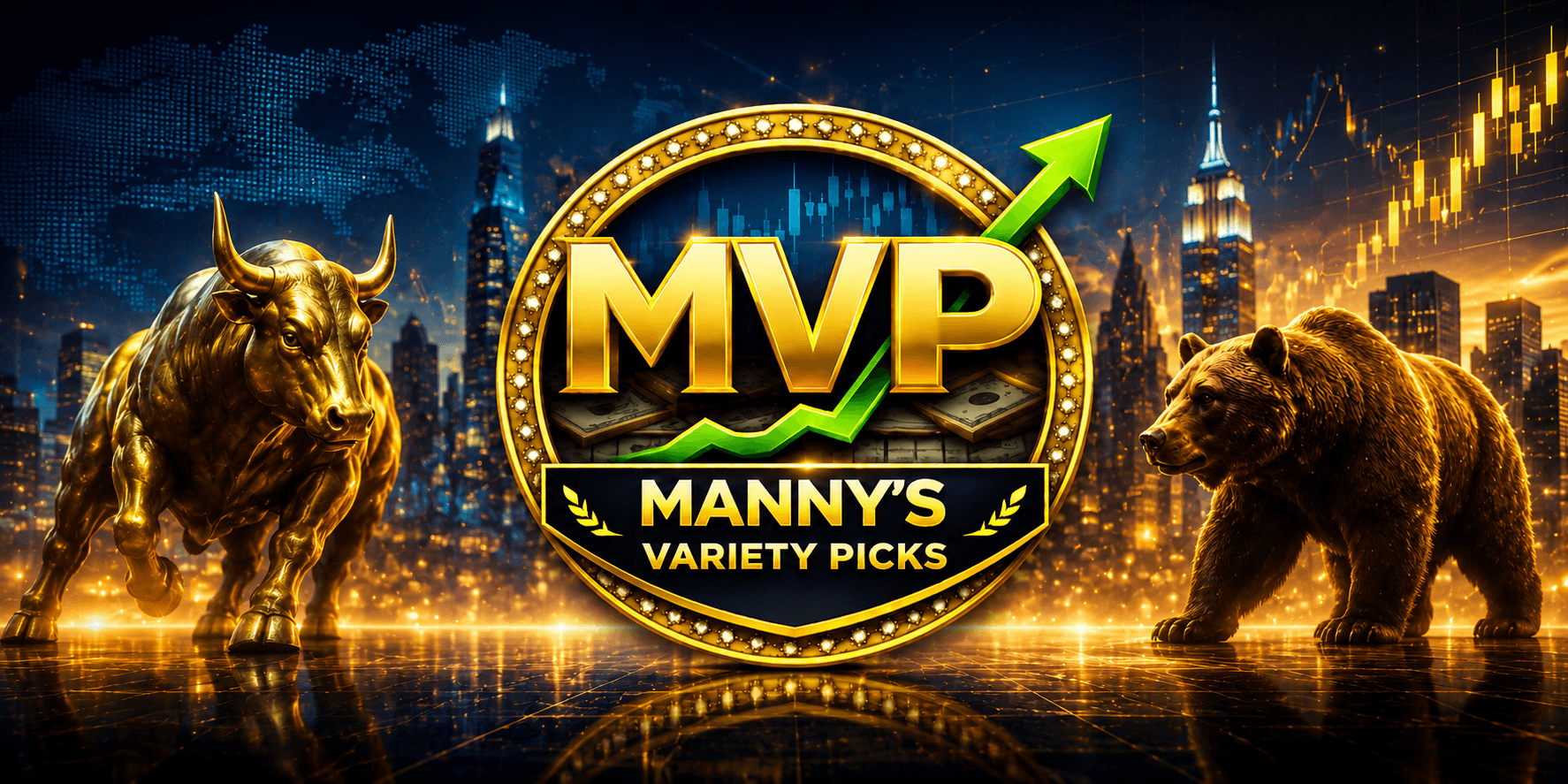 Logo featuring a bull and bear with "MVP Manny's Variety Picks" in gold.