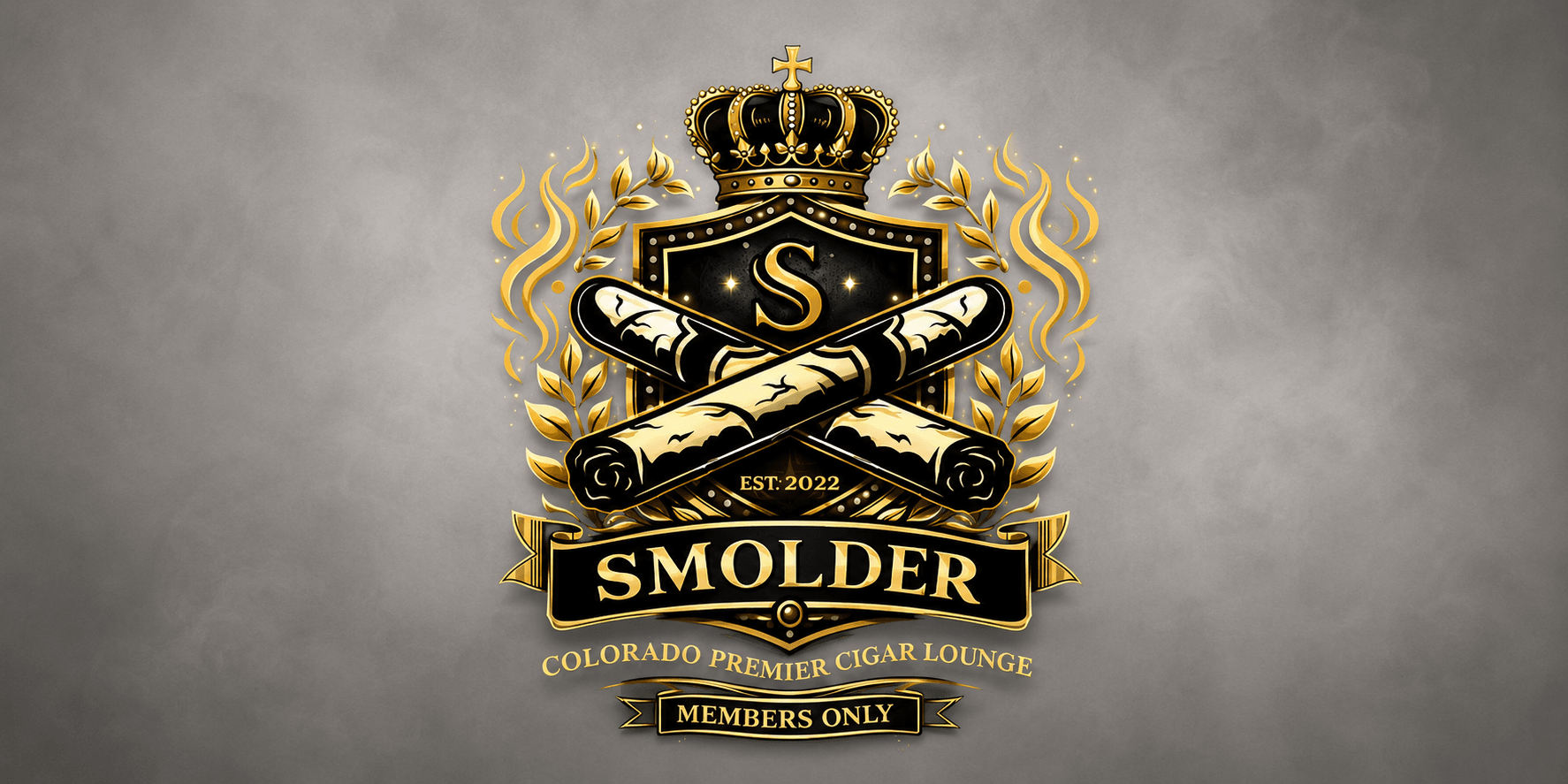 Logo for Smolder, a Colorado cigar lounge, featuring crossed cigars and a crown