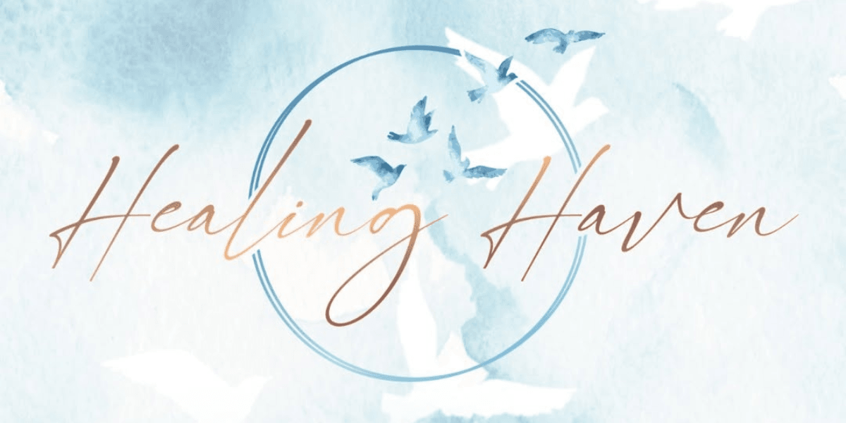 Text logo "Healing Haven" with watercolor background and flying birds design