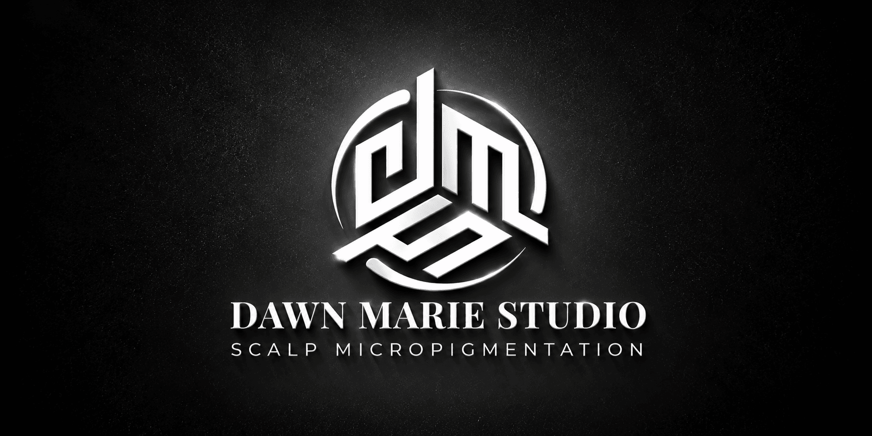 Logo for Dawn Marie Studio featuring stylized letters and tagline about scalp micropigmentation