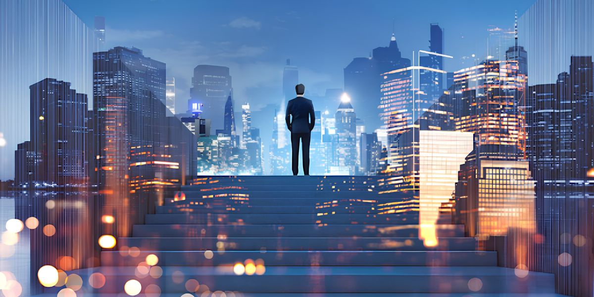 Business professional overlooking a modern city skyline, representing business growth and opportunity.