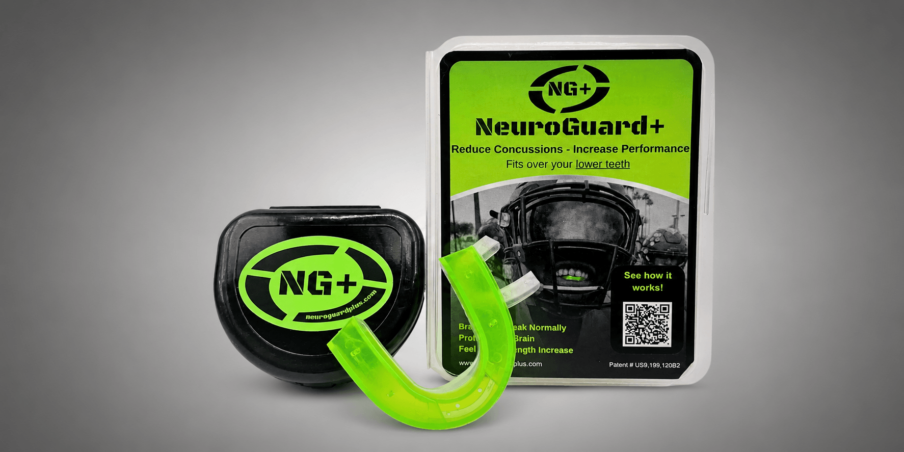 NeuroGuard+ mouthguard with packaging, designed to reduce concussions and enhance performance