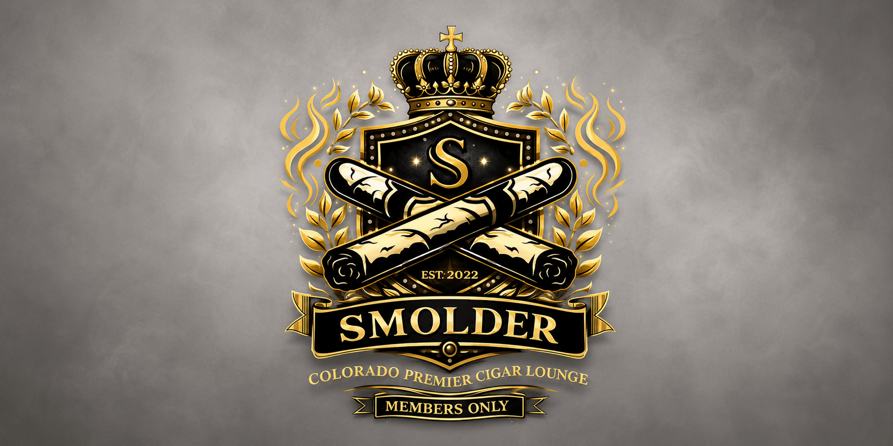 Logo for Smolder, a Colorado cigar lounge, featuring crossed cigars and a crown