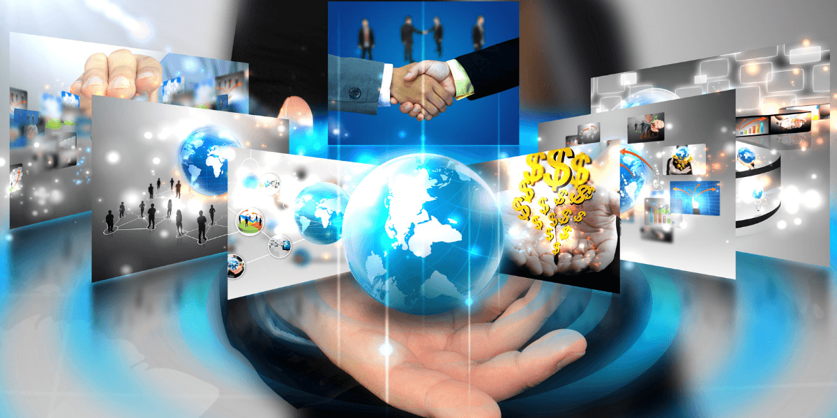 Illustration of global business concepts with hands, digital screens, and a handshake.