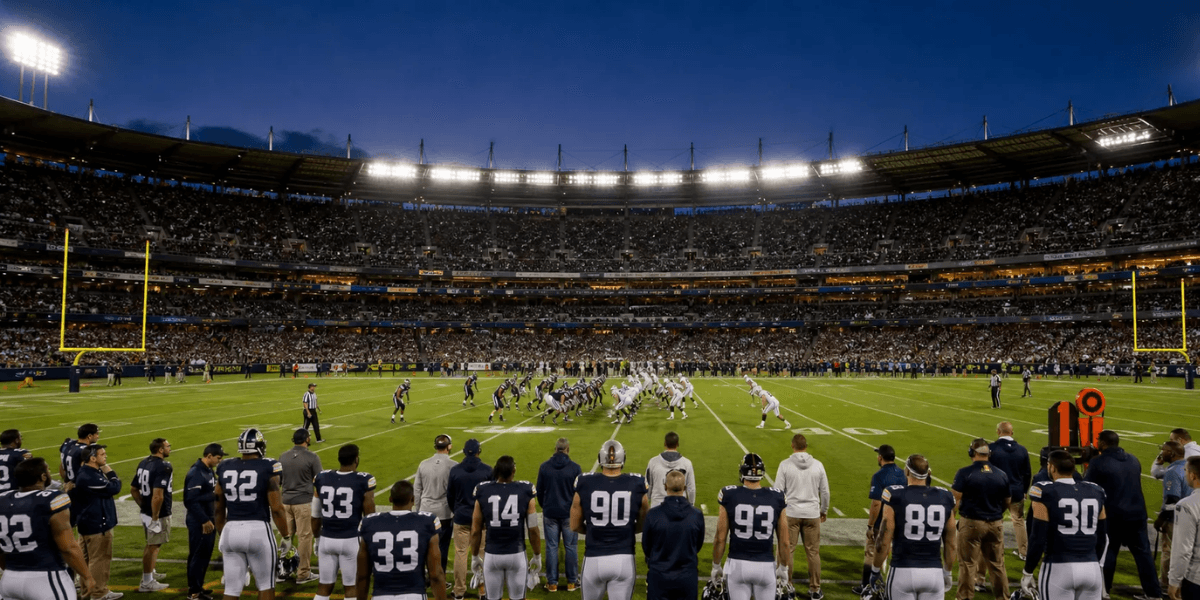 Evening football game in a packed stadium with players on the field