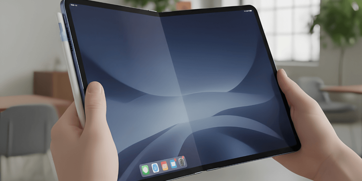 Person holding a large, folded tablet displaying a sleek, dark interface.