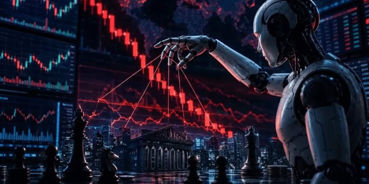 A robotic figure manipulates chess pieces against a backdrop of stock market data