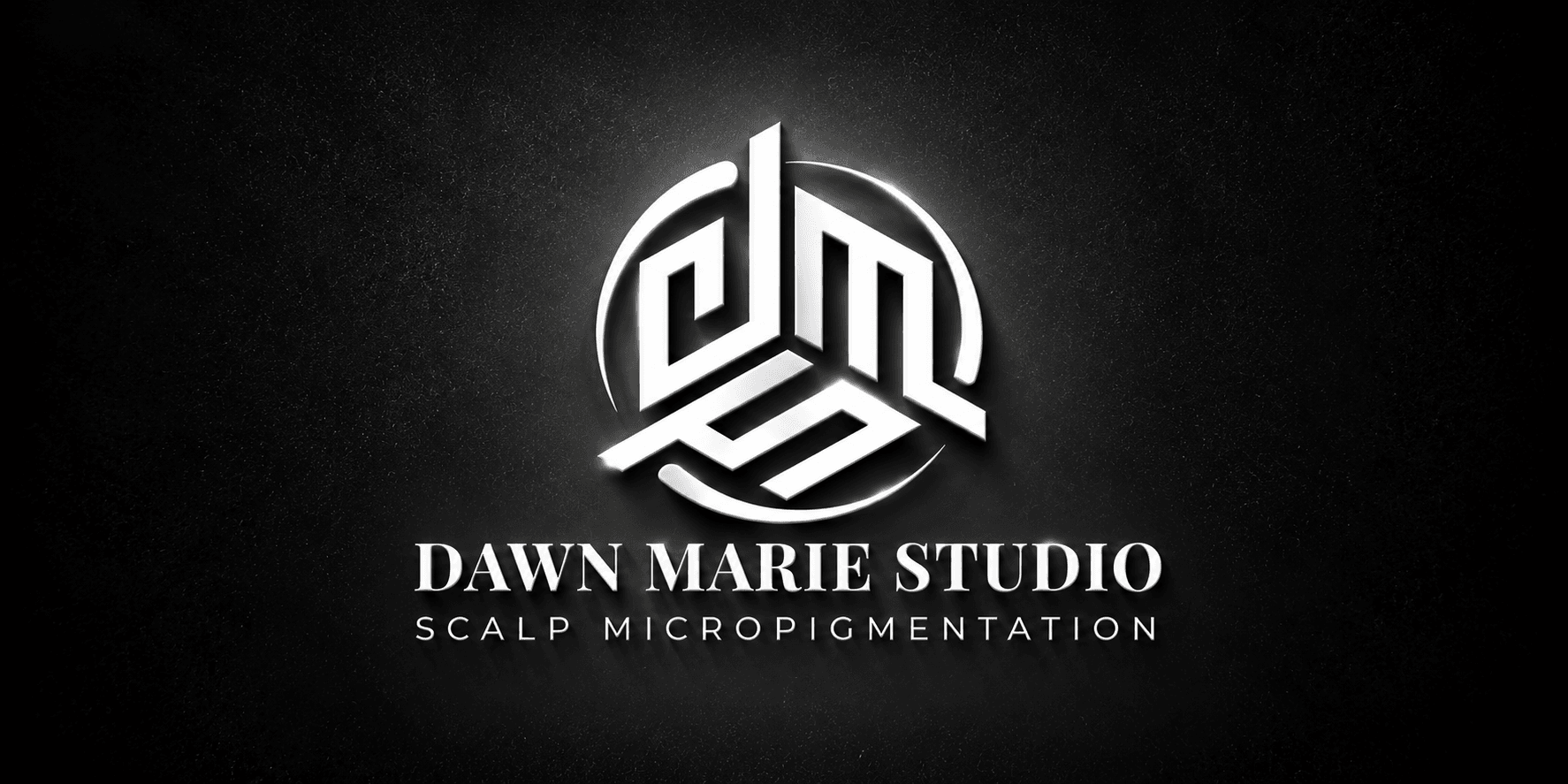 Logo for Dawn Marie Studio featuring stylized letters and tagline about scalp micropigmentation