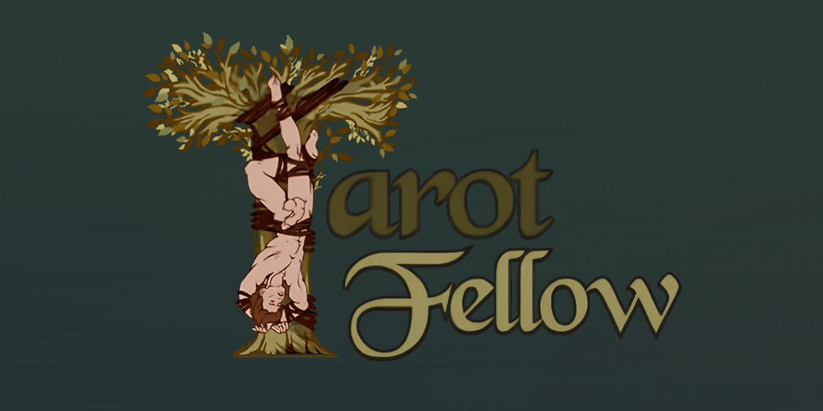Illustration of a man hanging upside down from a tree with the text Tarot Fellow