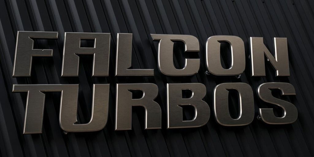 Metallic Falcon Turbos logo mounted on black textured wall background.