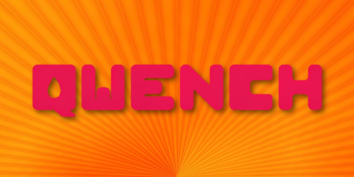 QWENCH logo in bold pink lettering on a bright orange burst background.