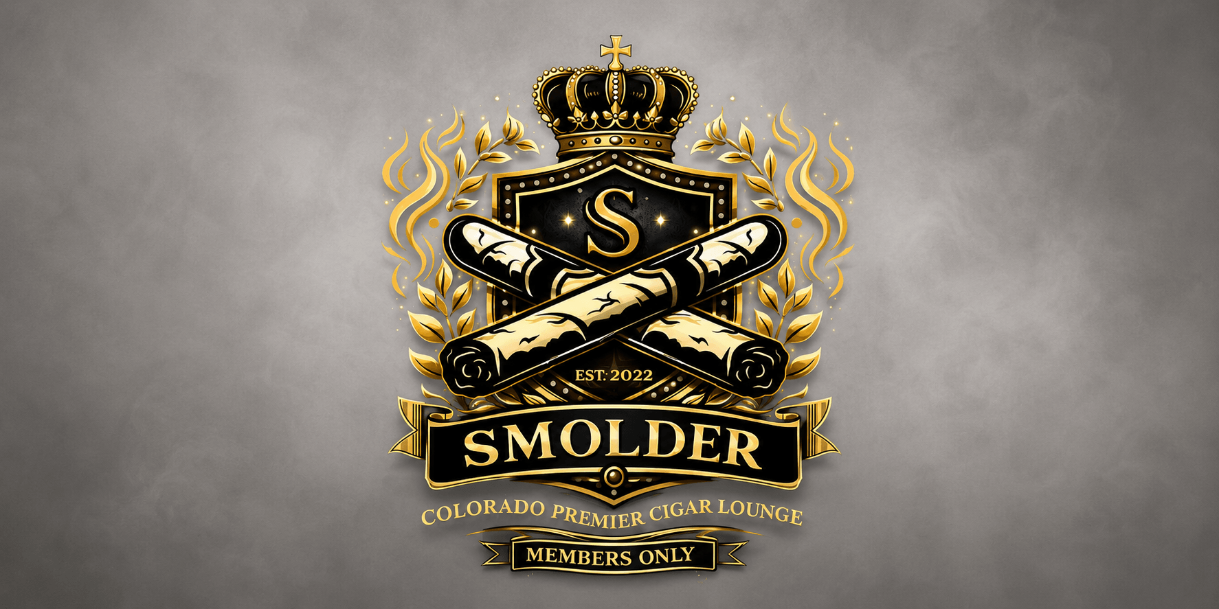 Logo for Smolder, a Colorado cigar lounge, featuring crossed cigars and a crown
