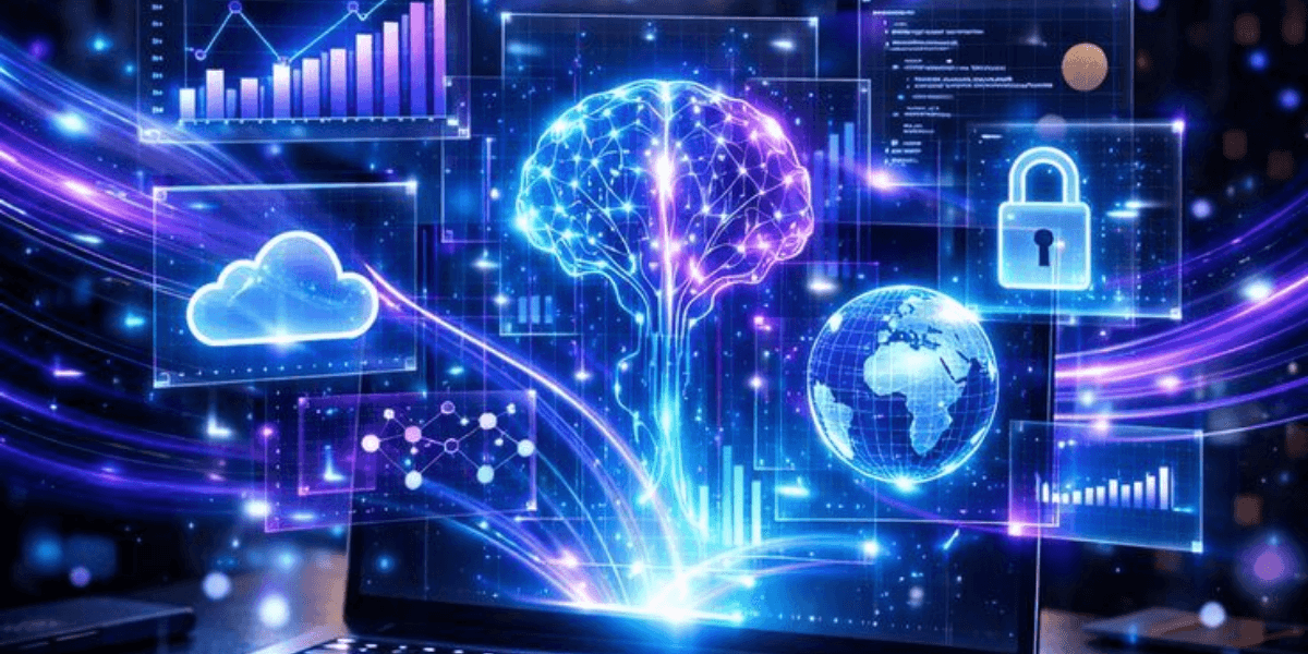 Digital representation of a brain with data charts, cloud computing, and security symbols