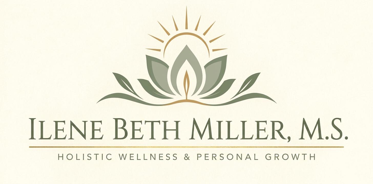 Logo for Ilene Beth Miller featuring a lotus flower and sun rays design