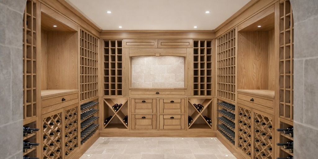 Custom private wine cellar with oak cabinetry, bottle racks, stone flooring, and integrated lighting.