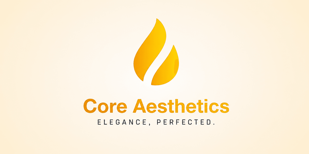Core Aesthetics logo featuring a gold flame icon with the tagline “Elegance, Perfected.”