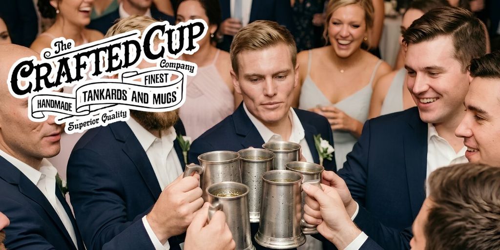 Groomsmen raise personalized pewter tankards in a wedding toast, celebrating friendship and lasting keepsake gifts.