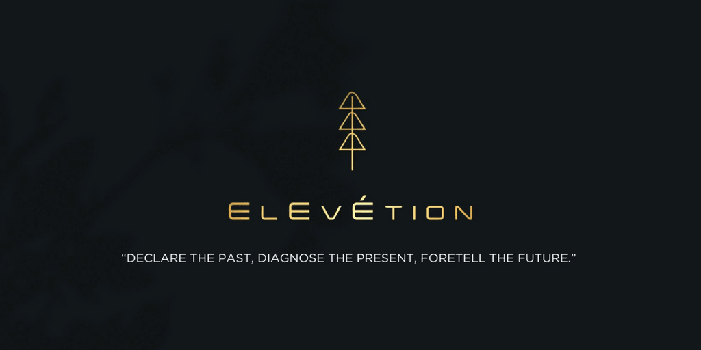 Elevétion logo with golden text and tagline about declaring the past, diagnosing the present, and foretelling the future.