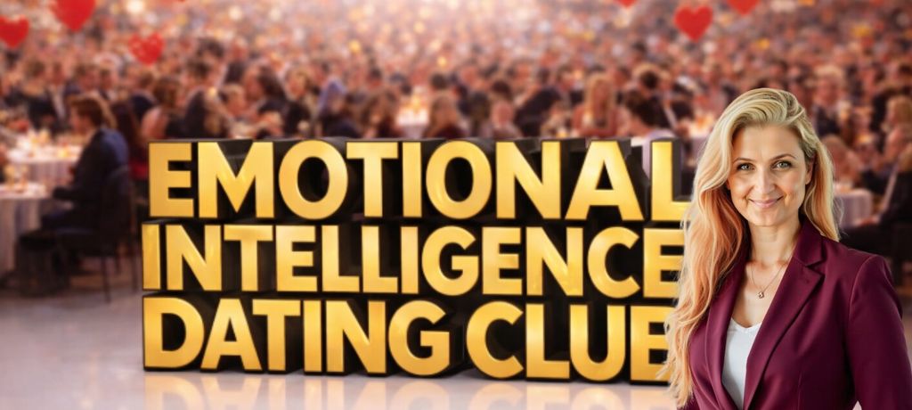 A woman in a suit and tie stands by a sign for the Emotional Intelligence Dating Club, promoting self-awareness in relationships.