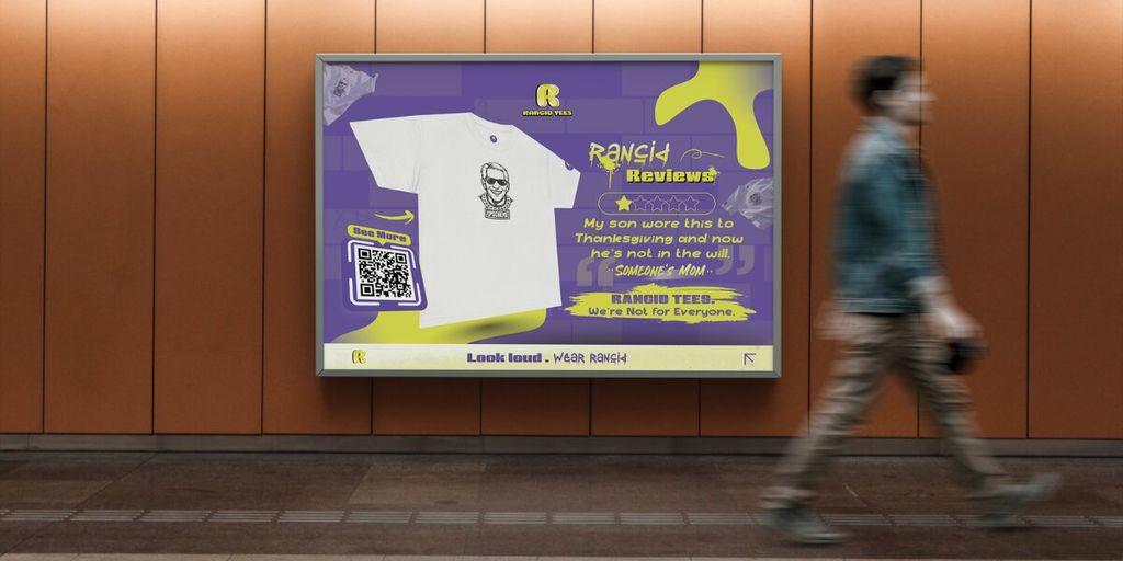 A man walks past a vibrant Rancid Tees poster showcasing bold, playful t-shirt designs that encourage self-expression.
