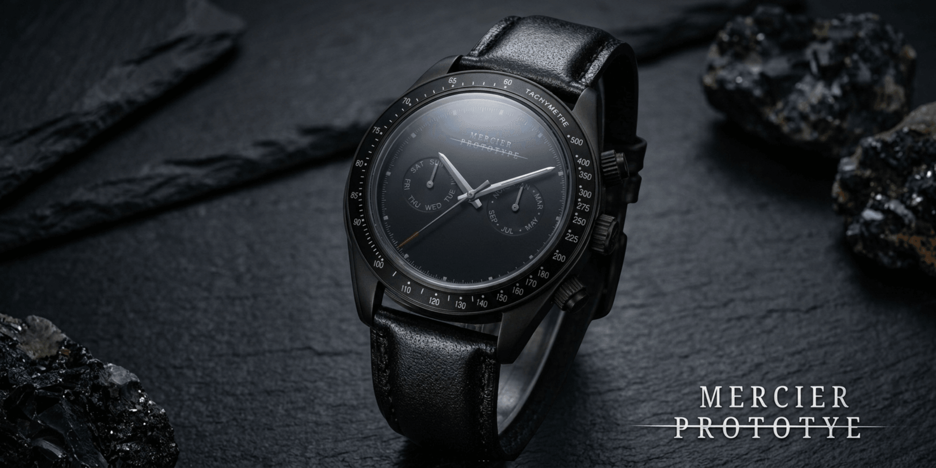Mercier Prototype Manx luxury watch with black leather strap and matte black dial on dark stone surface.