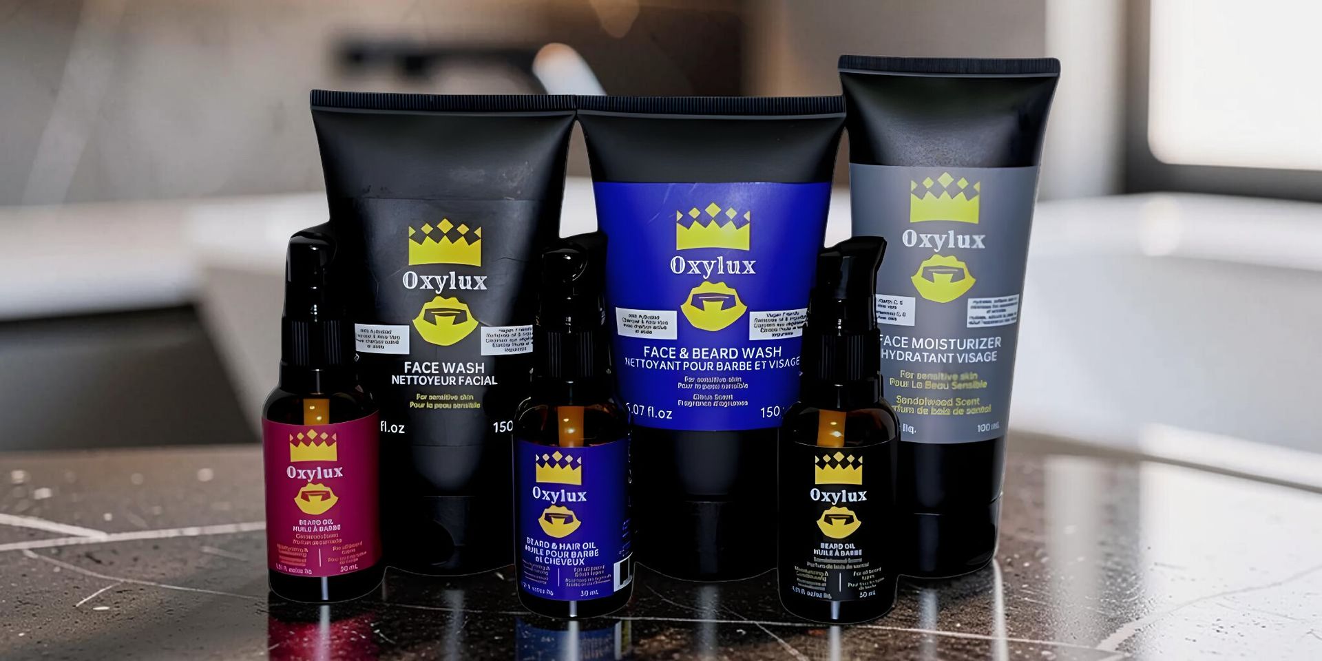 Collection of Oxylux grooming products including face wash, beard oil, moisturizer, and beard wash on countertop.