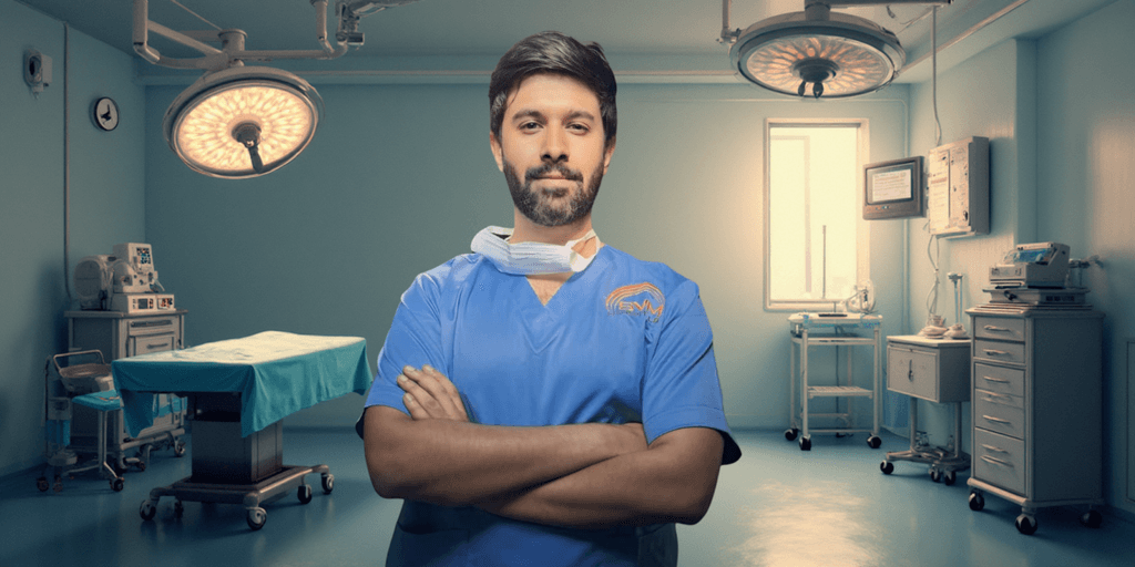 Dr. Akshay Dhanda, sports medicine surgeon, stands confidently in an operating room, symbolizing expertise, innovation, and patient-centered medical education.