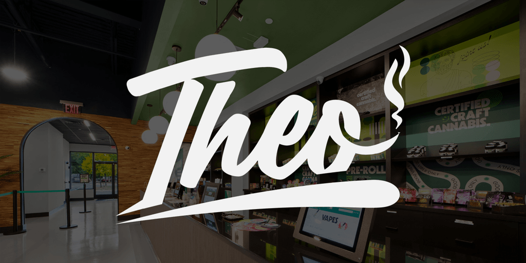 The logo for "Theo" superimposed over a modern cannabis store interior featuring shelves with products and a green color scheme.