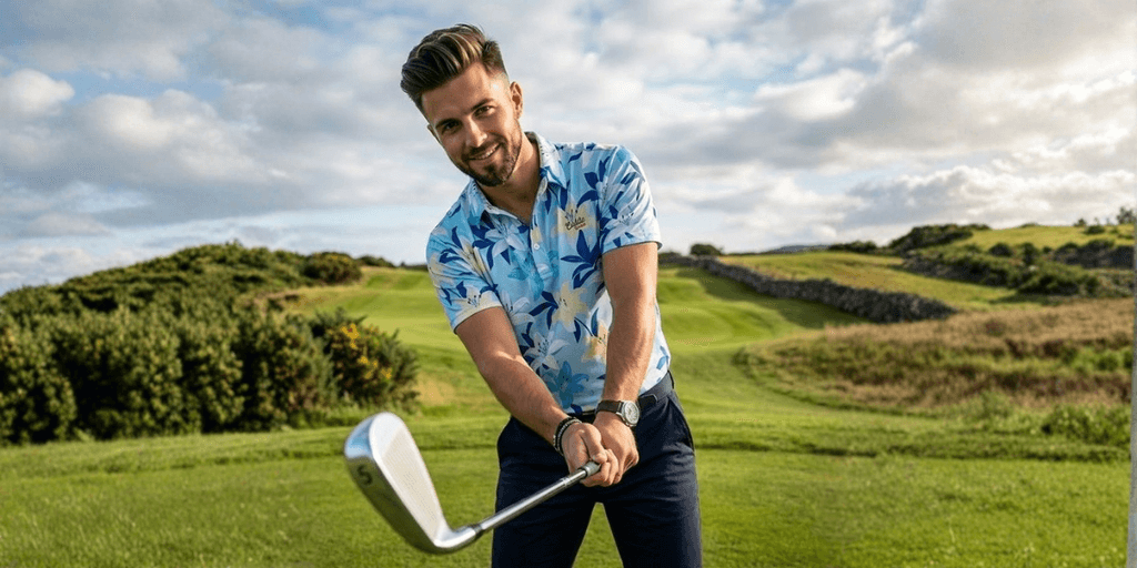 A golfer in vibrant Caddie Couture apparel, demonstrating bold, performance-driven fashion while embodying modern golf culture and self-expression on the course.