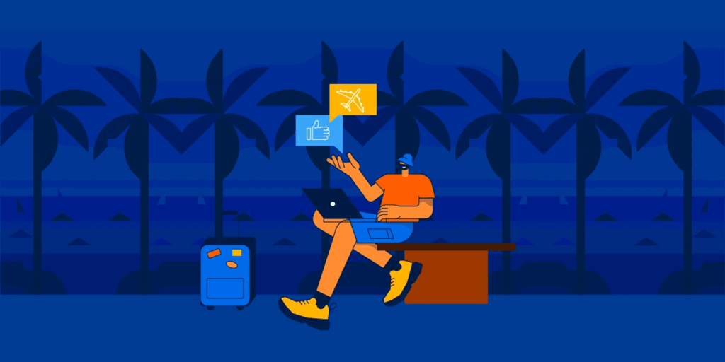 Professional working remotely during hybrid vacation, using laptop in travel setting, balancing productivity, remote collaboration, and modern flexible work lifestyle.